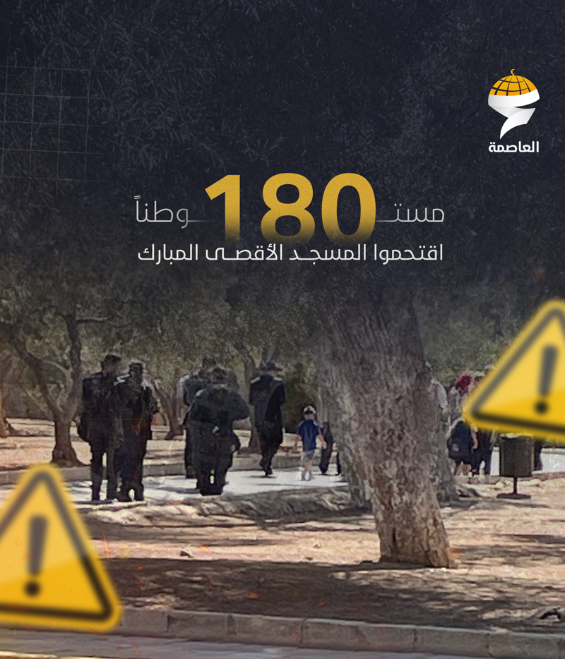 منشور العاصمة: صورة غامقة من باحات الأقصى، وفي وسطها كلمة مستوطنا ممدودة بالكشيدة وفي داخلها الرقم 180 بالذهبي