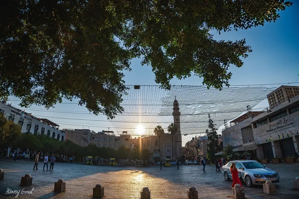 Manger Square in Bethlehem at sunset, under a canopy of trees.